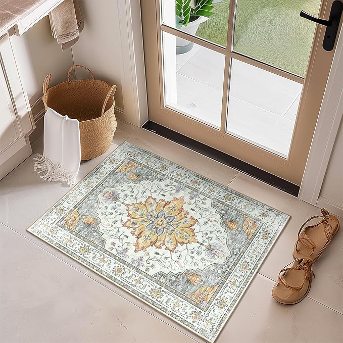 RELEANY Area Rugs Small 2'x3' Washable Non-Slip, Floral Vintage Distress Medallion Carpet for Kitchen Entryway Bathroom, Beige Carbon Grey Orange