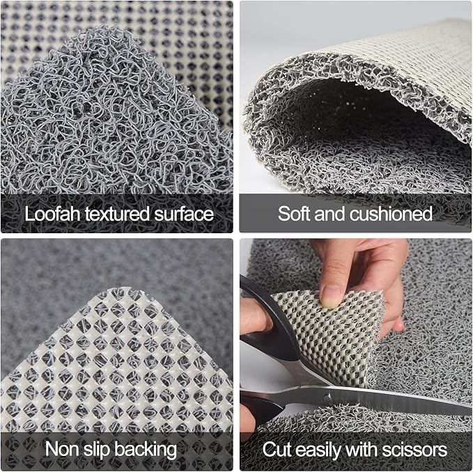 Shower Mat Non Slip Without Suction Cups 24x24 inch, PVC Loofah Bath Mat for Textured Tub Surface,Shower,Bathroom, Quick Drying (Grey)