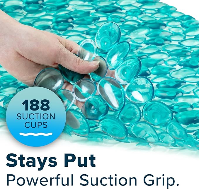 SlipX Solutions Non Slip Pebble Bath Mat for Shower & Bathtub 38x17 | River Rock Look | Accupressure | Massage Bath Mats for Tub | 188 Suction Cups | Machine Washable, Aqua Pebbles
