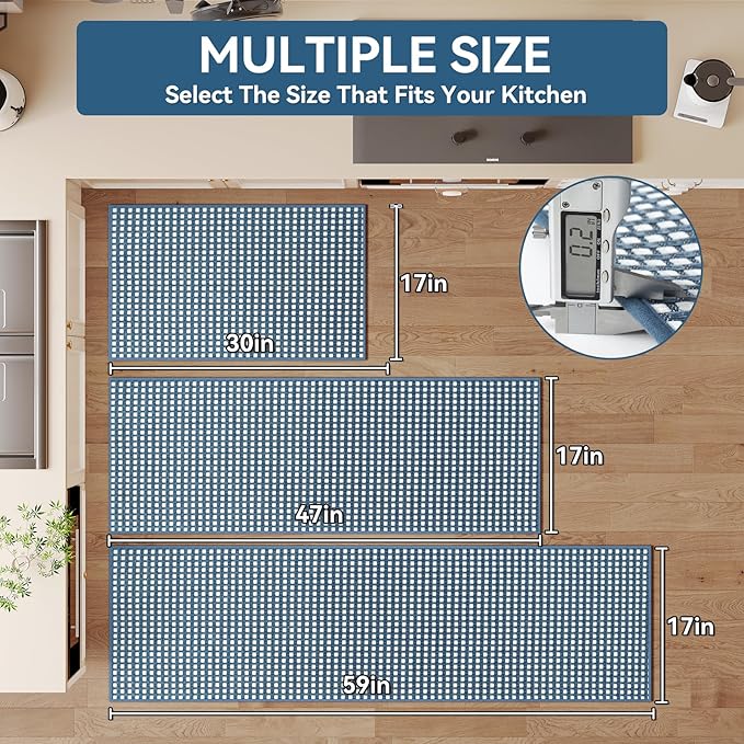 YDKGL Kitchen Runner Rugs Non Slip Washable, Super Absorbent Soft Chenille Braided Kitchen Mats for Floor Rubber Backing Sink Mat Standing Hallway Floor Mat, Easy Clean, Blue 17"x59"