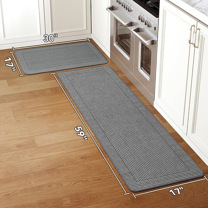 Kitchen Mats for Floor, 17''x30''+17''x59''Kitchen Rugs Set of 2, Washable Non Slip Absorbent Kitchen Mat, Braided Kitchen Runner Rug, Kitchen Sink Rug, Grey