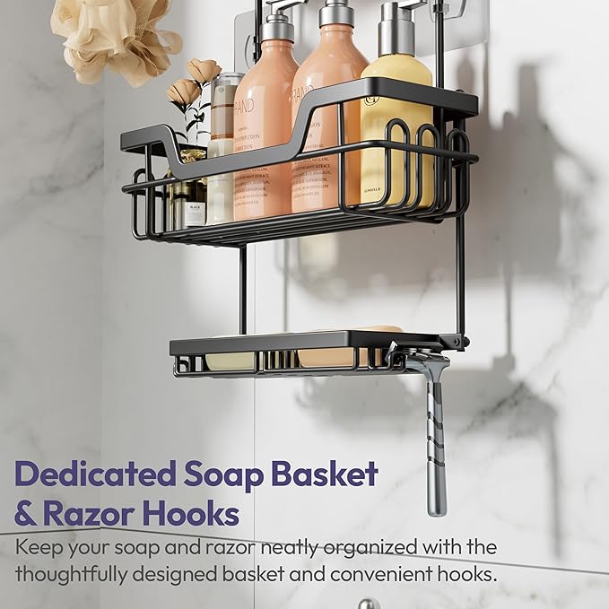 SWTYMIKI Bathroom Shower Caddy Hanging - 3 Tier Rustproof Over Shower Head Organizer, No Drilling Bathroom Shelf with 16 Hooks & Soap Holder, Anti-Swing Rack for Shampoo,Sponge,Towel, Black, Large