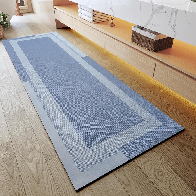 YDKGL Extra Long Non Slip Bathroom Runner Bath Mat, Rubber Backing Ultra Thin Bath Rug Fit Under Door Quick Dry Super Absorbent Washable Shower Mat for Bathroom Floor Bathtub Sink, Blue 24"x70"