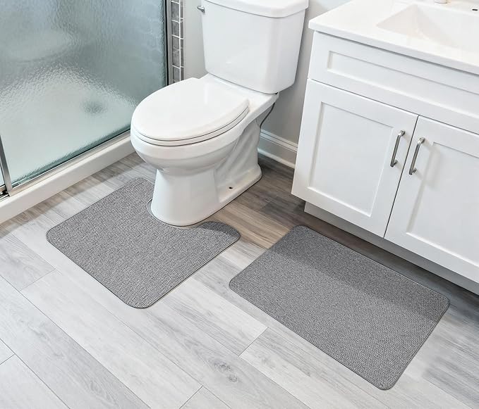 Bosap Bathroom Rugs Set 2 Pieces,Thin Bathroom Mats,Toilet Rugs,Quick Dry,Non-Slip,Machine Washable,Low Pile,Absorbent Bath Mats,Shower,Sink,Home Decor Accessories.Grey,1'5"x2'3"+1'8"x2" U Shape