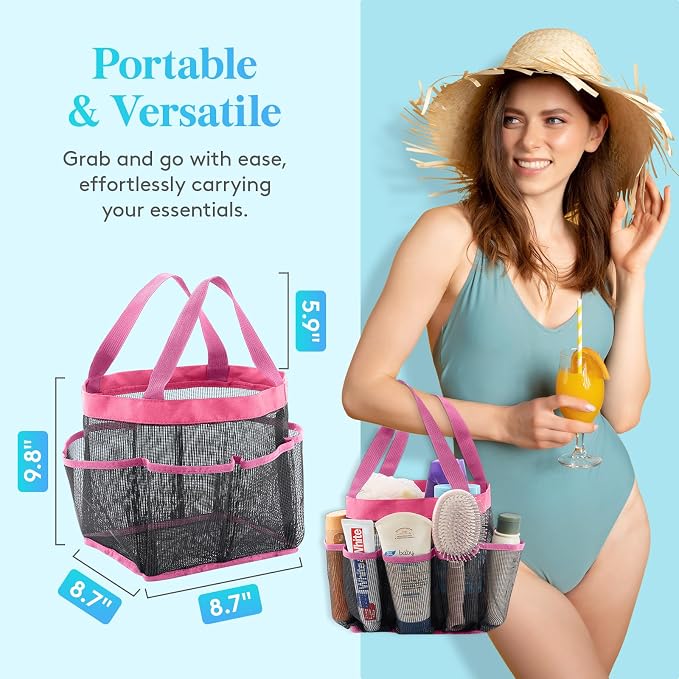 Lifewit Mesh Shower Caddy Portable for College Dorm Room Essentials with 7 Pockets, Freestanding Hanging Organizer Basket, Quick Dry Tote Bag for Camping, Bathroom, Beach, Travel, 1 Pack, Pink