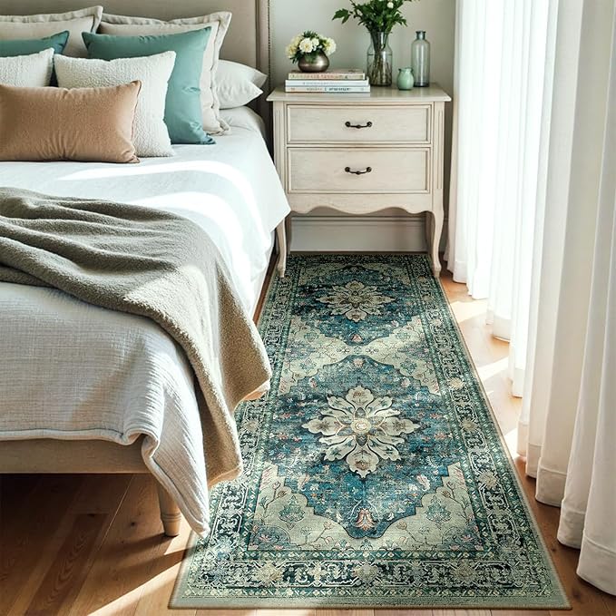 RELEANY Area Rugs Runner 3'x7' Washable Non-Slip, Floral Vintage Distress Medallion Carpet for Kitchen Hallway Bedroom Beside Laundry Room Bathroom, Dark Blue Vintage