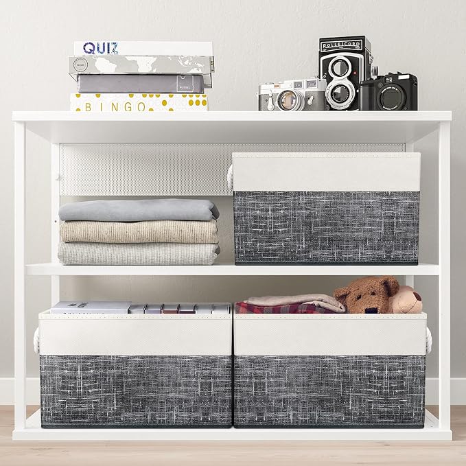 Fab totes Storage Bins 2-Pack, Foldable Storage Baskets for Organizing Toys, Books, Shelves, Closet, Large Storage Box with Rope Handles, Sturdy Organizer Bins, White & Black