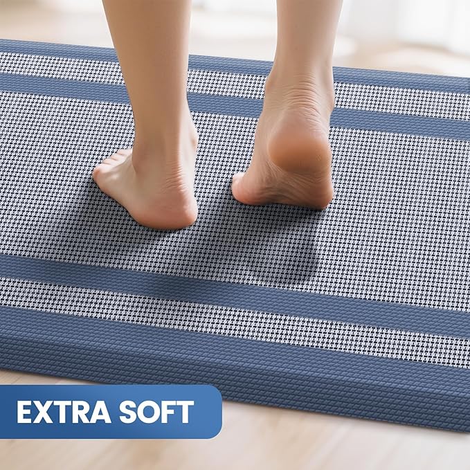 KitchenClouds [2 PCS Kitchen Rugs Cushioned Anti-Fatigue Kitchen Mats for Floor Waterproof Kitchen Rug Set Non-Slip Comfort Standing Mat for Office, Sink, Laundry 20"×30"+20"×60",Blue