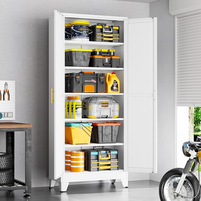 75" White Metal Garage Storage Cabinet with 2 Doors and 5 Adjustable Shelves,Kitchen Pantry Cabinet,File Cabinet,Steel Tool Cabinet for Home,Office,Garage,School,Warehouse