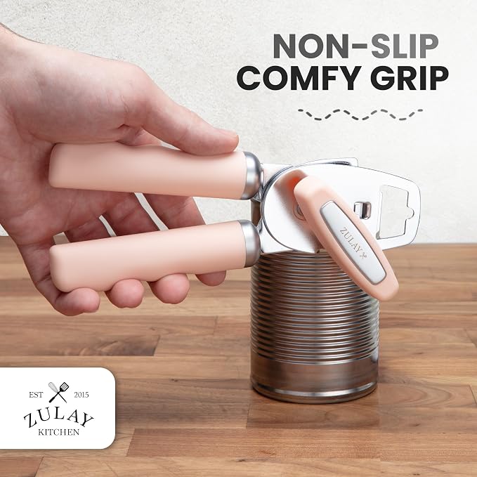 Zulay Kitchen Heavy Duty Stainless Steel Can Opener Manual with Bottle Opener - Rust Proof Manual Can Opener With Turn Knob & Comfy Soft Grip Handles - Apricot Peach