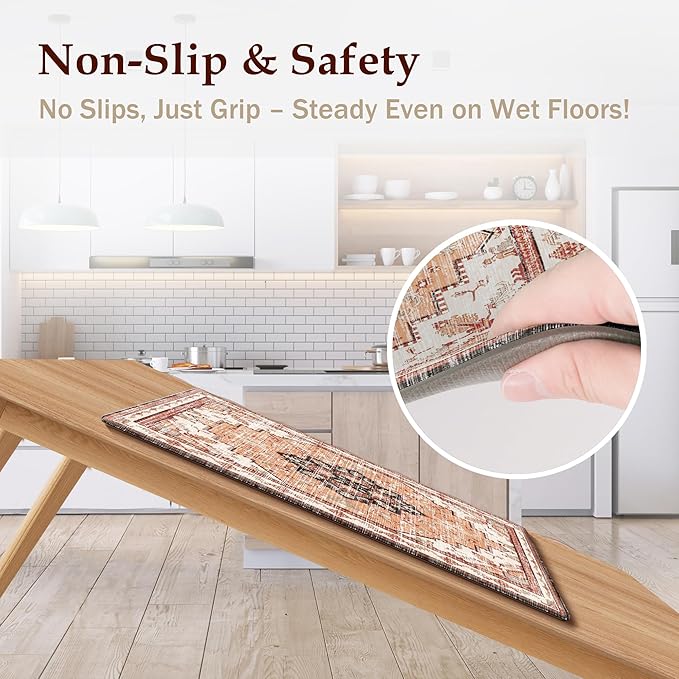 Boho Kitchen Mats for Floor 2 Piece Set Anti Fatigue Cushioned PVC Kitchen Rugs Non Slip Waterproof Farmhouse Mats 2/5 Inch Comfort Standing Mat for Sink, Laundry, 17.3"x47"+17.3"x28", Orange