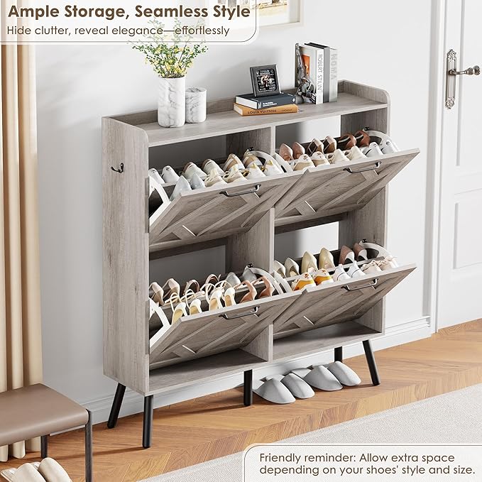 Nicetree Shoe Cabinet with 4 Flip Drawers, Freestanding Shoe Organizer Cabinet, Farmhouse Narrow Shoe Storage Cabinet for Entryway, Foyer, Hallway, Gray