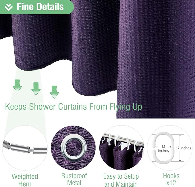 Dynamene Purple Fabric Shower Curtain - Waffle Textured Heavy Duty Cloth Shower Curtains for Bathroom, 256GSM Hotel Spa Luxury Weighted Polyester Bath Curtain Set with 12 Plastic Hooks(72Wx72H,Purple)