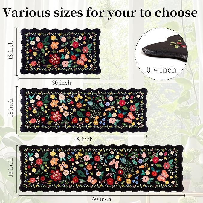 Kitchen Rugs Set of 3, Black Vintage Floral Scalloped Anti Fatigue Mats, Cushioned Non Slip PVC Floor Rugs, Comfort Standing Kitchen Floor Mats for Sink Laundry Office Home, 18x30, 18x48,18x60 Inch