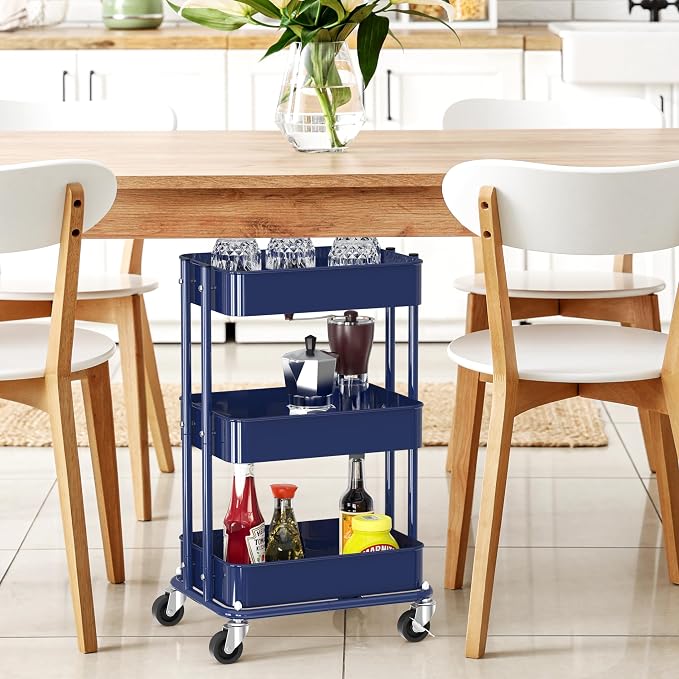 Simple Houseware 3-Tier Compact Utility Rolling Cart, Low 24” Height Fits Under Desk, Space-Saving Storage for Home Office, Dining Room, or Kitchen, Navy