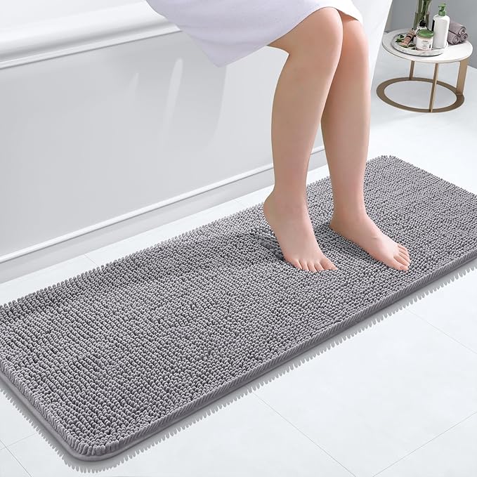 OLANLY Bathroom Runner Rugs 47x17, Extra Soft Absorbent Chenille Bath Rugs, Rubber Backing Quick Dry, Machine Washable Long Bath Mats for Bathroom Floor, Tub and Shower, Home Decor Accessories, Grey