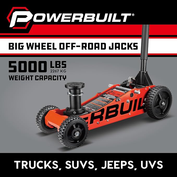 Powerbuilt 2.5 Ton Big Wheel Off Road Jack, Vehicle Lift for Trucks, SUVs, ATVs Offroad Vehicles, Oversized Wheels for Rugged Terrain, 5000 LB Capacity, Orange 620703ECE