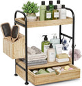 Kottwca 2-Tier Bathroom Counter Organizer with Drawer, Wooden Vanity Skincare Storage Shelf with Thickened Metal Frame, Countertop Shelf with Basket & Hooks for Makeup Organization,Light Brown