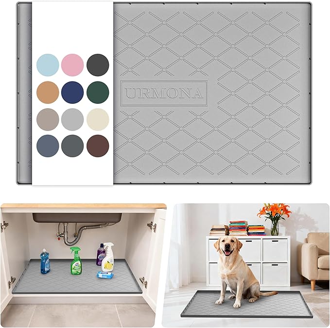 URMONA Under Sink Mat for Kitchen Waterproof, 34" x 22" Silicone Under Sink Mat for Shelf Liner Organizer, Cabinet Sink Protector Under Sink Liner for Bottom Kitchen, Bathroom(Light Grey)