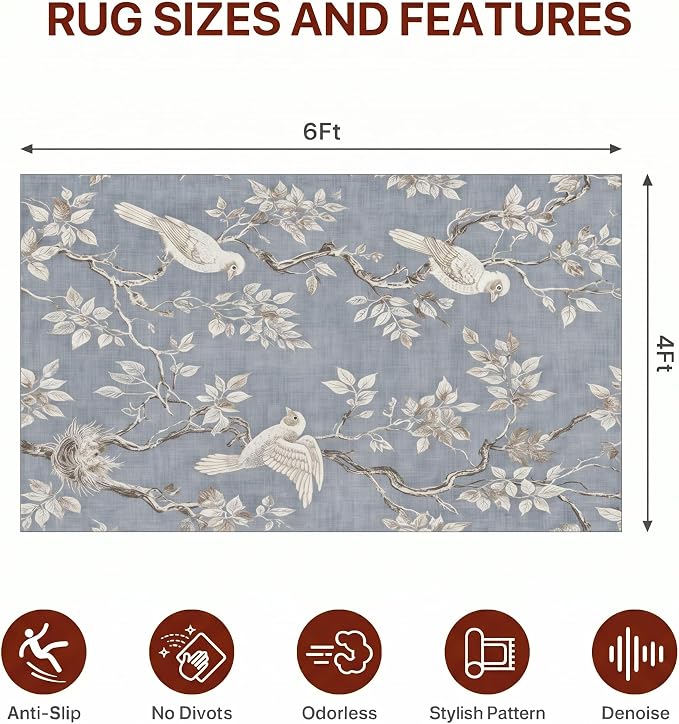 48"x72" Office Chair Mat for Hardwood Tile Floor, Under Desk Carpet Protector for Rolling Computer Chair Mat, Machine Washable Area Rug, Anti-Slip 1/5" Thick Low Pile Thin Vinyl Floor Mat, Dusty Blue