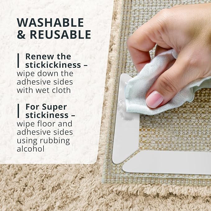 X-Protector Rug Tape - 8 Pcs Set - White Anti-Slip & Anti-Curling Carpet Tape for Hard Floors - Premium Rug Pad Gripper - Carpet Corner Grippers to Keep Your Carpet in Place & Make Corners Flat