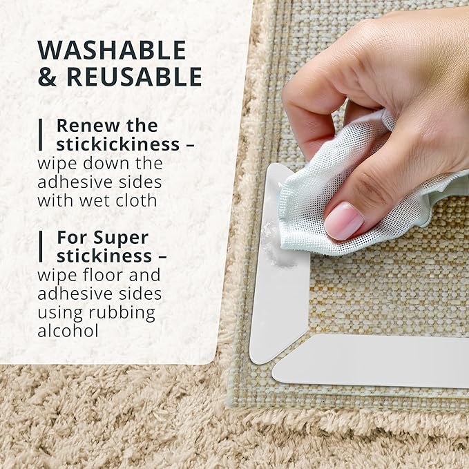 X-Protector Rug Tape - 16 Pcs Set - White Anti-Slip & Anti-Curling Carpet Tape for Hard Floors - Premium Rug Pad Gripper - Carpet Corner Grippers to Keep Your Carpet in Place & Make Corners Flat