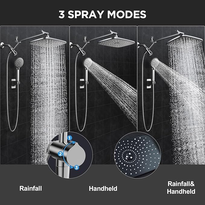 Veken 11.8" Rain Shower Head with Handheld, High Pressure Handheld Shower with Multi Spray Modes, Rainfall Combo with 15" Metal Extension Arm, Detachable Dual Shower, Bathroom Decor, Gunmetal Gray