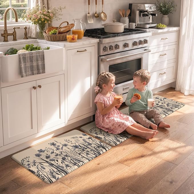 KIMODE Anti Fatigue Kitchen Mats for Floor, Farmhouse Kitchen Rugs Sets of 2, Cushioned Kitchen Floor Mats, Comfort Standing Mat for Sink, Laundry, Office, Desk Brown/Grey 17"x47"+17"x29"
