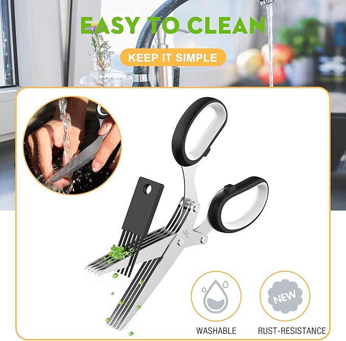 Herb Scissors with 5 Blades and Cover, Kitchen Herb Cutter with Cleaning Comb, Stainless Steel Multi Blade Herb Shears for Basil Parsley Cilantro, Easy Clean Cooking Tool, Unique Kitchen Gadgets Gift