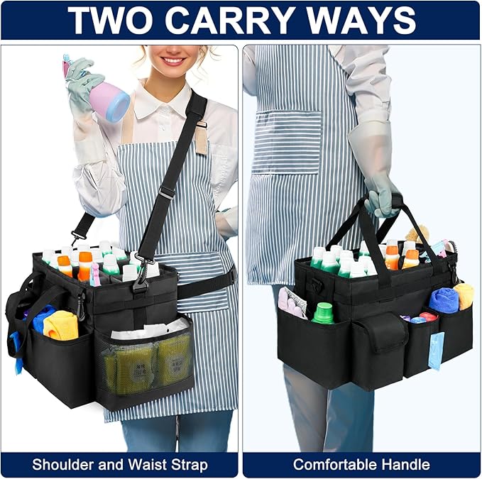 Cleaning Caddy Bag,Large Cleaning Supplies Organizer with Handle for Housekeepers, Black