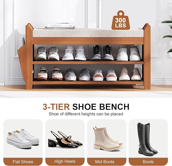 PETKABOO 31.5" Shoe Bench with Coat Rack Hidden Drawer and Side Holder, 2 Tier Entryway Bench with Storage 39.4 in, Bamboo Shoe Rack with Cushion for Entryway Hallway Living Room Bedroom
