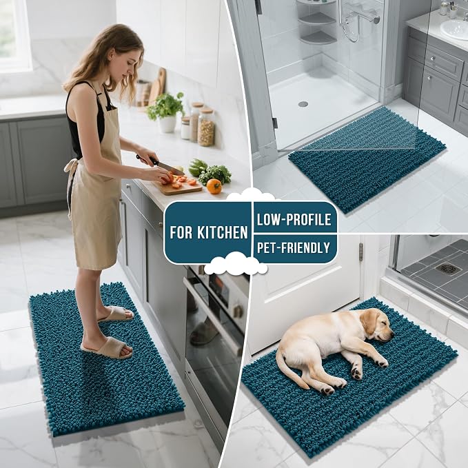 Yimobra Bathroom Rugs Non Slip Washable - Ultra Soft Absorbent Chenille Bath Mat, Quick Dry Shaggy Floor Carpet for Tub Shower, Rustic Turquoise Home Decor Accessories, 24x17 Inch