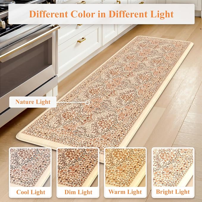 Collive Fall Kitchen Mats Cushioned Anti Fatigue, Vintage Floral Kitchens Rugs Set of 2 Brick Red Non Slip Floor Carpet, Waterproof Sink Mat Foam Comfort Standing Rug for Home Decoration