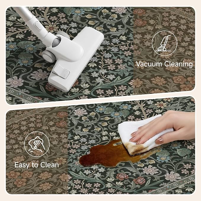 Kitchen Mats for Floor Thick Anti Fatigue Waterproof Vintage Spring Floral Kitchen Rugs 2PCS Cushioned Non Slip Black Green Comfort Standing Mats for Sink Laundry Office 17.3"×47"+17.3"×30"