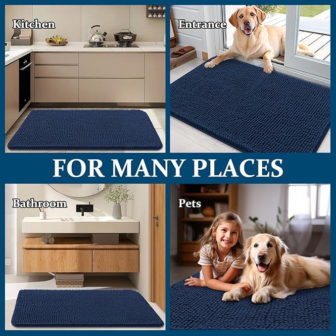 OLANLY Dog Door Mat for Muddy Paws 44x32, Absorbs Moisture and Dirt, Absorbent Non-Slip Washable Doormat, Quick Dry Chenille Mud Mat for Dogs, Entry Indoor Entryway Carpet for Inside Floor, Dark Blue