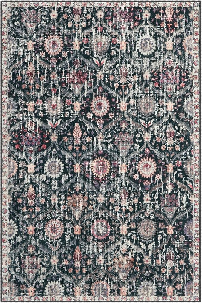 Lahome Moroccan Machine Washable Rugs for Living Room, 4x6 Rug for Bedroom Non-Slip Vintage Trellis Ultra-Thin Throw Carpet for Dining Room Office Nursery Elise, Black/Multi