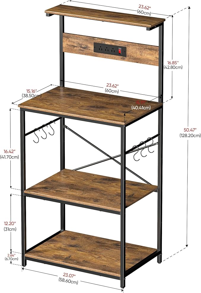 VUSIGN Kitchen Bakers Rack with Power Outlet, 4 Tiers Microwave Stand with Storage, 23.6 Inch Coffee Bar Station with 6 S Hooks, Adjustable Shelf Rack for Pots/Pans/Spices, Rustic Brown