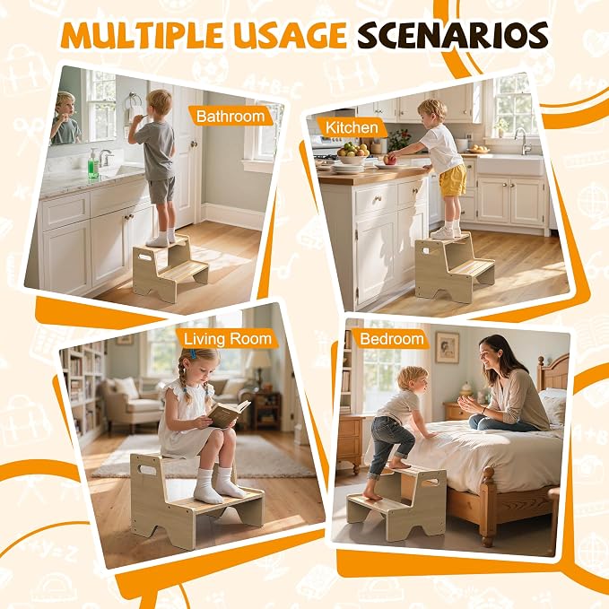 Step Stool for Toddler, Sturdy Wooden 2-Step Stool with Anti-Slip Surface and Pads for Barthroom, Kitchen, Bedroom, Toilet, and Potty Training - 1 Pack