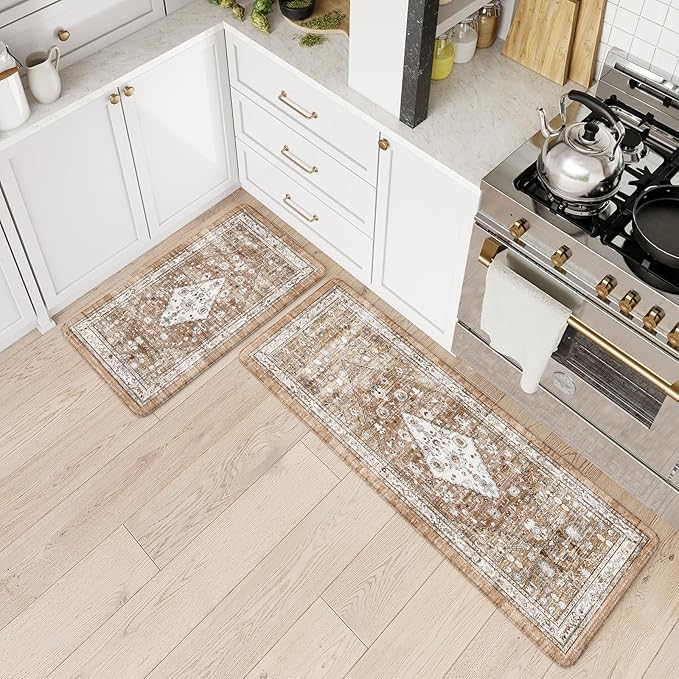 Collive Boho Kitchen Mats for Floor 2 Piece, Cushioned Anti Fatigue Mat Comfort Soft Standing Desk Carpet, Non Skid Wforaterproof Sink Rug for Home Office, Decor, 17.3"x29"+17.3"x47"