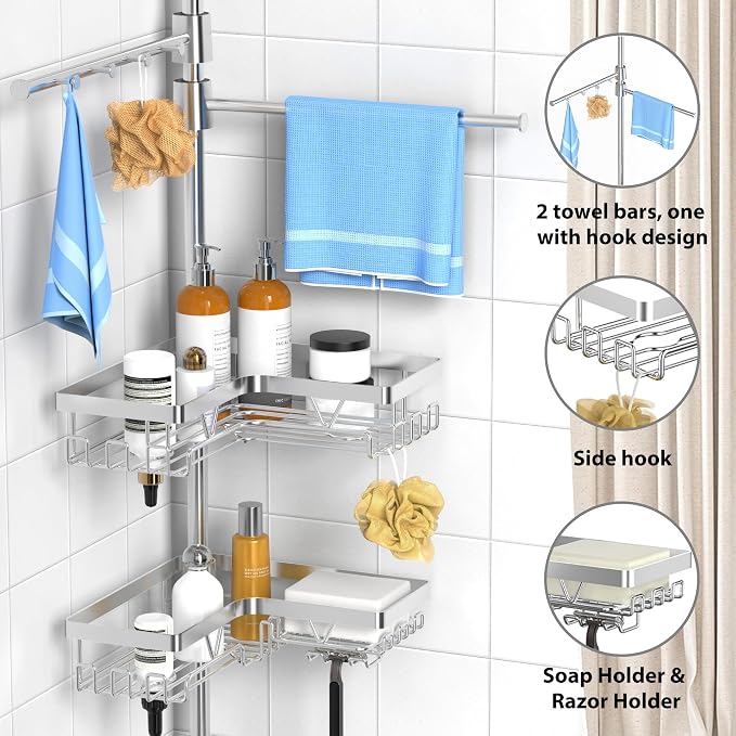 KEGII Shower Caddy Tension Pole with 2 Towel Bars, Adjustable Corner Bathroom Organizer, Rustproof Bathtub Storage Shelves for Shampoo, 25–114.2 Inch Shower Rack for Renters & Family, Silver