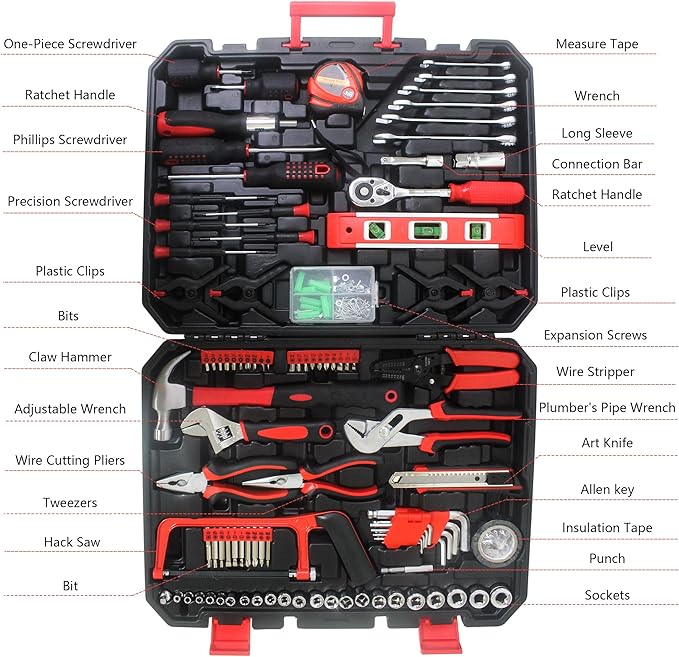 238-Piece Home & Hand Tool Kit Set- Portable Black Tool Box Set Hand Tool Kit with Lock, Perfect for Homeowner, Diyer, Handyman