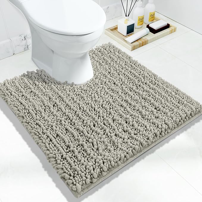 Yimobra Toilet Rug U Shaped Washable 24x24 Inch - Ultra Soft Absorbent Chenille Bath Rugs for Toilet, Quick Dry & Machine Washable, Non Slip Contour Bathroom Mat, Sand