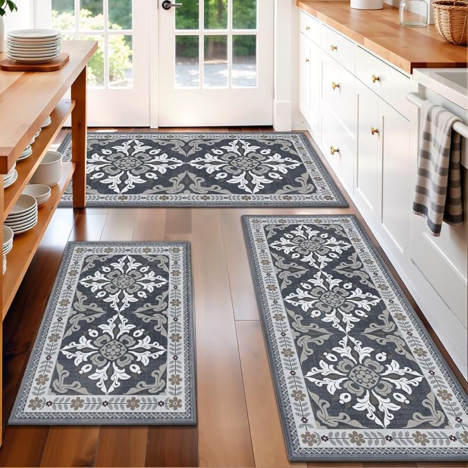 Kitchen Rugs Set of 3, Non-Slip & Washable Floor Mats, Water-Absorbent Area Pad, Standing Desk Mat for Office, Home, Doorway, Laundry, Kitchen Accessories (Grey)