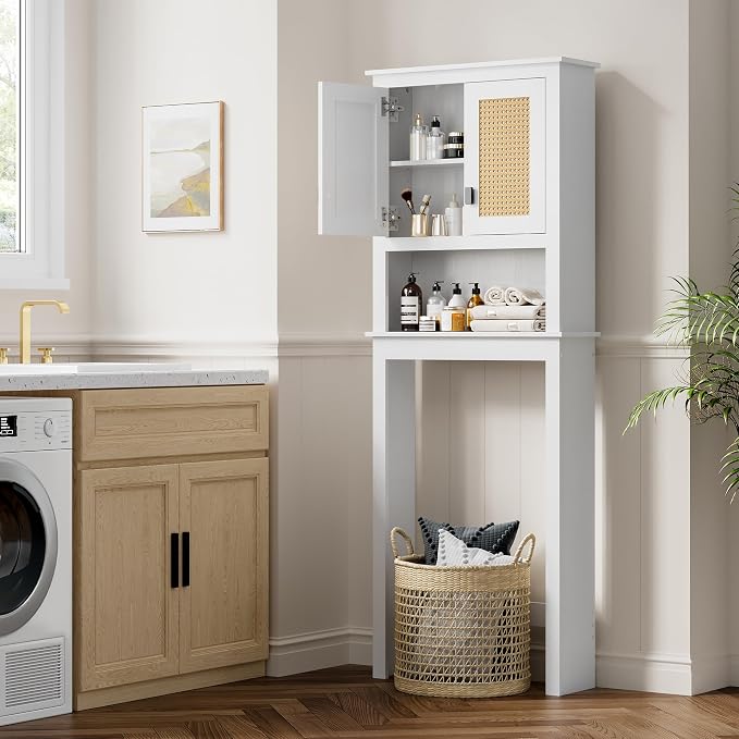 GarveeHome Over The Toilet Storage Cabinet, Farmhouse Over Toilet Bathroom Organizer with Rattan Doors, Freestanding Wood Above Toilet Storage Cabinet with Adjustable Shelf, White