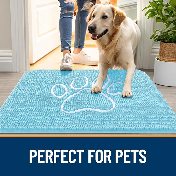 OLANLY Dog Door Mat for Muddy Paws 59x35, Paw Print Design, Absorbs Moisture and Dirt, Absorbent Non-Slip Washable Doormat, Quick Dry Chenille Mud Mat for Dogs, Entry Indoor Entryway Carpet, Blue