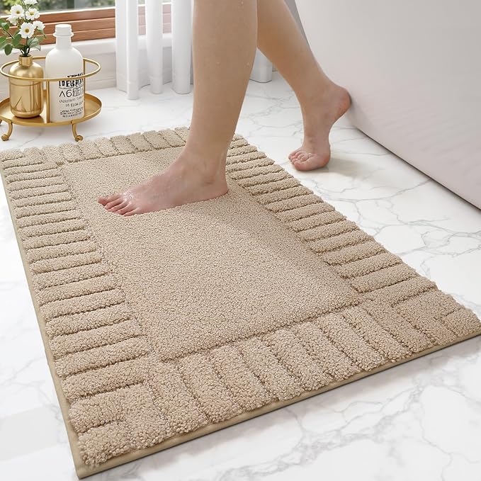 LUMI Bathroom Rugs Non Slip with Rubber Backing, Extra Soft Plush Microfiber Bath Rug Absorbent, Machine Washable Bath Mat Quick Dry for Tub, Shower, Hotel, Beige, 16"x24"