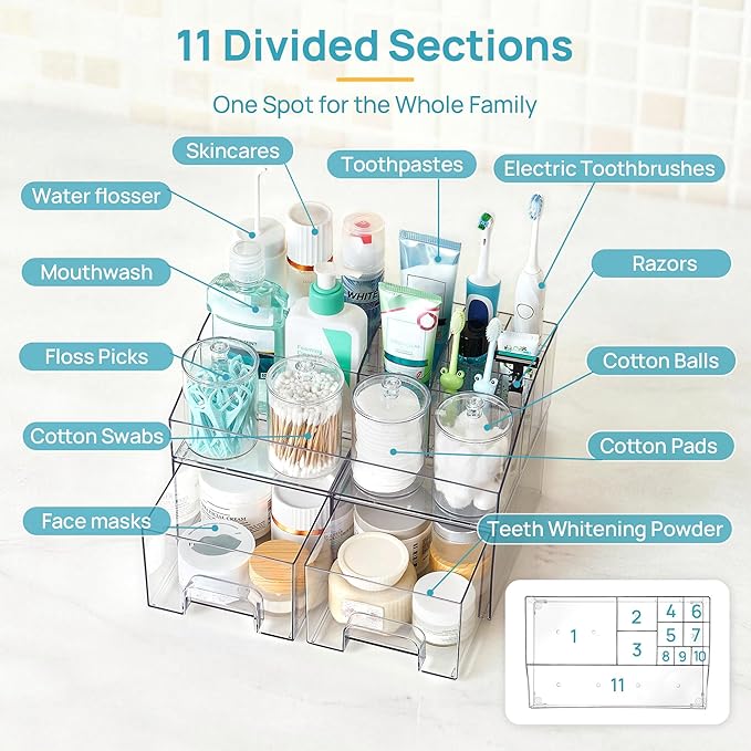 Vtopmart 7 PCS Bathroom Countertop Organizer, 1 Divided Tray with 4 Qtip Holder Jars and 2 Drawers, Restroom Clear Organizers for Toothbrush, Cotton Pads, Vanity Accessories Storage Set