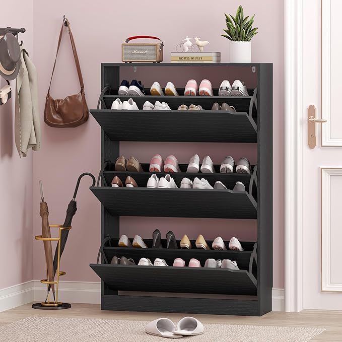 BORNOON Shoe Storage Cabinet with 3 Flip Drawers,Narrow Shoe Rack Cabinet,Freestanding Organizer Storage for Entryway, Hallway, Black