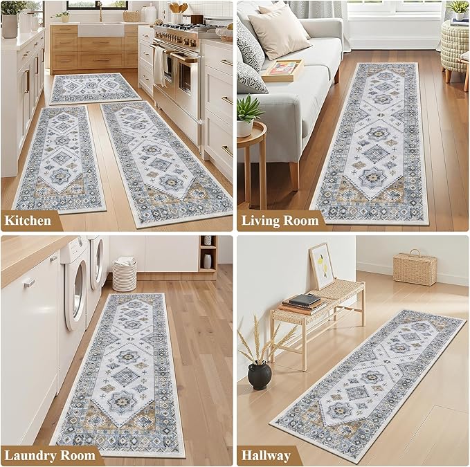 HEBE Boho Kitchen Rug Sets 3 Piece with Runner Non Slip Kitchen Rugs and Mats Washable Kitchen Mats for Floor Thick Kitchen Floor Mat Carpet Runner Rugs for Hallway Laundry Holiday Decor