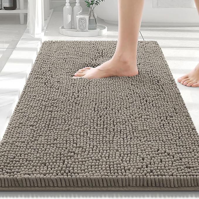 Smiry Luxury Chenille Bathroom Rugs 30x20, Extra Soft and Absorbent Shaggy Bath Mat, Machine Washable, Non-Slip Plush Carpet Runner for Tub, Shower, and Floor, Home Decor Accessories, Latte